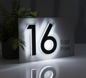 The Valencia is a sophisticated and rather stunning house sign embellished with NLUX™ LED floating numbers mounted on a luxurious matt finish acrylic. Available in a wide range of sizes.
